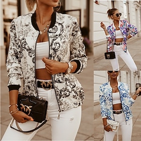Women's Bomber Jacket Casual Jacket Comfortable Breathable Zipper Pocket Print Casual Floral Vacation Street Casual Daily Wear Zipper Short Stand Collar Slim L