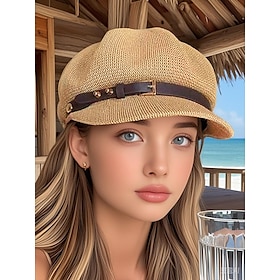Women's Breathable Straw Newsboy Cap - Lightweight Summer Beach Hat with Faux Leather Buckle for Casual Travel Sun Protection