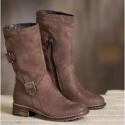 Women's Brown Faux Leather Motorcycle Boots with Buckle Straps and Faux Fur Lining - Mid-Calf Winter Boots with Zipper Closure for Casual and Outdoor Wear