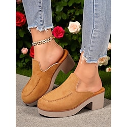 Women's Brown Faux Suede Mules - Chunky Heel Slip-On Clogs for Autumn Fashion, Office Looks and Weekend Style