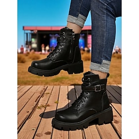 Women's Brown Lace-Up Combat Boots with Side Zipper and Chunky Lug Sole - Stylish Outdoor Ankle Boots for Fall, Winter, and Casual Streetwear