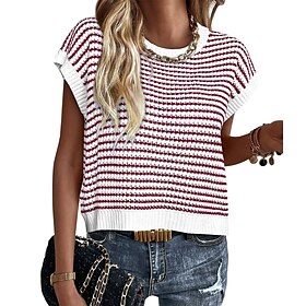 Women's Cable Knit Sweater Pullover Cute Daily Stylish Striped Ribbed Crew Neck Knitted Raglan Sleeves Batwing Sleeve Short Sleeves Crop Tops Knit Home Party D