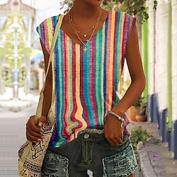 Women's Camisole Tank Top Basic Neon Bright Striped Print Sleeveless Regular Tops V Neck Casual Yellow Pink Blue