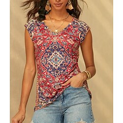 Women's Camisole Tank Top Basic Print Sleeveless Regular Tops V Neck Casual Red Blue Purple Green