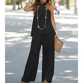 Women's Camisole Tank Top Black White Dark Navy Solid Color Casual Daily Fashion Halter Neck Regular Fit S