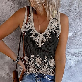 Women's Camisole Tank Top Bohemian Paisley Knit V-Neck Sleeveless Casual Fitted Ribbed Black Cream Layering Summer Clothing Apparel