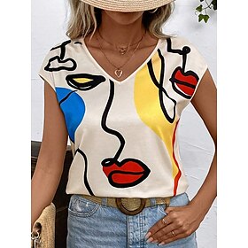 Women's Camisole Tank Top Casual Abstract Print Sleeveless Regular Tops V Neck Daily Beige Summer