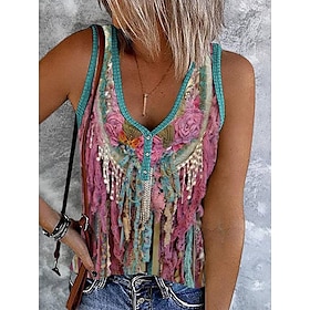 Women's Camisole Tank Top Graphic Color Block Bohemia Stylish Retro Vintage Sleeveless Sleeveless V Neck Crop Tops Daily Going out Beach Wear Print Pink Brown