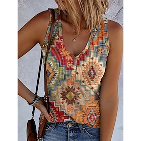Women's Camisole Tank Top Graphic Geometric Vintage Stylish Ethnic Sleeveless V Neck Regular Tops Daily Print Blue Purple Brown Green Summer Spring