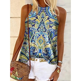 Women's Camisole Tank Top Halter Summer Tops Paisley Vintage Ethnic Basic Sleeveless Halter Neck Regular Tops Casual Holiday Print Red Blue Green