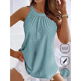 Women's Camisole Tank Top Halter Top Sleeveless Lace Cut-Out Elastic Soft High Neck Summer Casual Teal Lightweight Versatile Beachwear