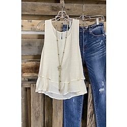 Women's Camisole Tank Top Plain Basic Cotton Linen Vest Round Neck Regular Tops Casual Layered Black White Khaki