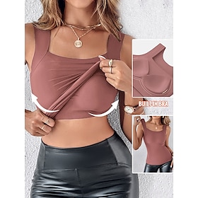 Women's Camisole Tank Top Solid Color Daily Sleeveless Square Neck Crop Tops Black Pink Red Green Khaki Summer Spring