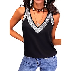 Women's Camisole Tank Top Streetwear Metallic Casual Sparkly Sequins Sleeveless Regular Tops V Neck Party Holiday Weekend Black Red Blue Purple