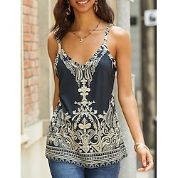 Women's Camisole Tank Top Vintage Tunic Basic Print Sleeveless Regular Tops V Neck Holiday White Pink Gold Green