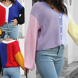 Women's Cardigan Casual Color Block Chunky V Neck Knitted Long Sleeve Regular Tops Knit Daily Holiday Going out Pink Red Fall Winter