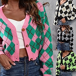 Women's Cardigan Casual Plaid Chunky V Neck Knitted Long Sleeve Crop Tops Knit Daily Holiday Going out Pink Apricot Fall Winter