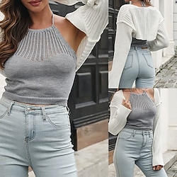 Women's Cardigan Casual Solid Color Chunky V Neck Knitted Long Sleeve Crop Tops Knit Daily Holiday Going out White Fall Winter