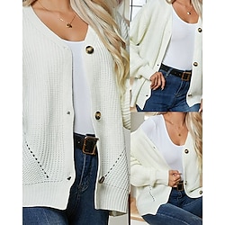 Women's Cardigan Casual Solid Color Chunky V Neck Knitted Long Sleeve Regular Tops Knit Daily Holiday Going out Beige Fall Winter