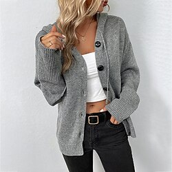 Women's Cardigan Fashion Soft Solid Color Ribbed Hooded Buttons Knitted Long Sleeve Regular Tops Knit Holiday Going out Weekend Black White Fall
