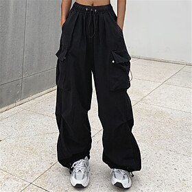 Women's Cargo parachutepants Wide Leg Trousers Baggy Full Length Baggy Micro-elastic High Waist Fashion Casual Daily ArmyGreen Black S M Spring Fall