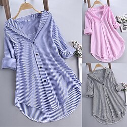 Women's Casual Jacket Shacket Comfortable Breathable Pocket Buttons Print Casual Stripe Vacation Street Daily Wear Going out Single Breasted Long Stand Collar Regular Fit Long Sleeve Outerwear Black