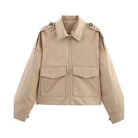 Women's Casual Jacket Trench Coat Comfortable Zipper Pocket Fashion Outdoor Plain Outdoor Vacation Zipper Short Turndown Regular Fit Long Sleeve Outerwear Blac