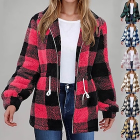 Women's Casual Jacket Warm Comfortable Zipper Pocket Casual Plaid Street Going out Weekend Zipper Regular Turndown Regular Fit Long Sleeve Outerwear Black Yell