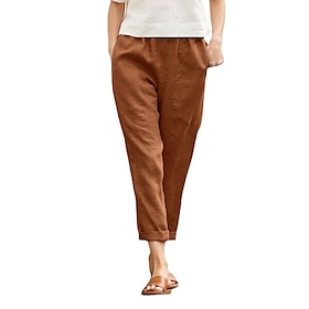 Women's Casual Trousers High Waist Elastic Brown Cotton Blend Tapered Cropped Spring Summer Fall Relaxed Fit Clothing Apparel
