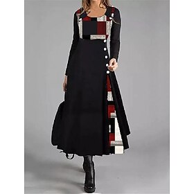 Women's Causal Dress A-Line Dress Geometric Patchwork Button Long Sleeve Round Neck Black Red Work Fall Winter Soft Comfortable Regular