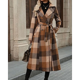 Women's Coat Trench Coat Warm Comfortable Buttons Pocket Fashion Modern Plaid Vacation Going out Double Breasted Long Turndown Regular Fit Long Sleeve Outerwea