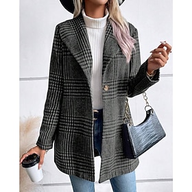 Women's Coat Warm Comfortable Buttons Casual Plaid Outdoor Holiday Single Breasted Regular Turndown Regular Fit Long Sleeve Outerwear Red Camel Gray Fall Winte