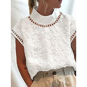 Women's Cotton Linen Blouse Solid Color Basic Casual Short Sleeve High Neck Regular Tops Daily Lace Patchwork White Summer