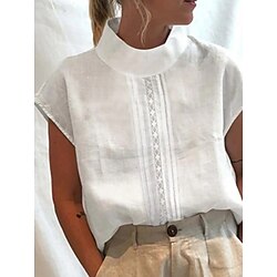 Women's Cotton Linen Blouse Solid Color Basic Casual Short Sleeve High Neck Regular Tops Daily Patchwork White Gray Summer Spring