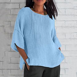 Women's Cotton Linen Blouse Solid Color Elegant Casual Short Sleeve Crew Neck Regular Tops Daily Holiday Pleated Pink Blue Green Khaki Beige Summer