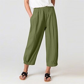 Women's Cotton Linen Pants Cropped Pants Palazzo Pants Fashion Streetwear Comfort Ankle-Length High Waist Plain Elastic Waist Comfy Outdoor Comfortable Street