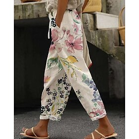 Women's Cotton Linen Pants Cropped Pants Streetwear Boho Ankle-Length Mid Waist Floral Elastic Waist Comfortable Daily Wear Going out Pink Blue Purple Green Su