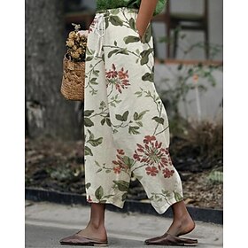 Women's Cotton Linen Pants Cropped Pants Streetwear Boho Ankle-Length Mid Waist Floral Elastic Waist Comfortable Daily Wear Going out White Summer Spring Regul
