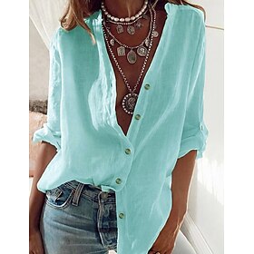 Women's Cotton Linen Shirts Tunic Button Up Long Cotton Top Plain Daily Basic Casual Long Sleeve Standing Collar Long Tops Work Casual Daily Black White Red Bl