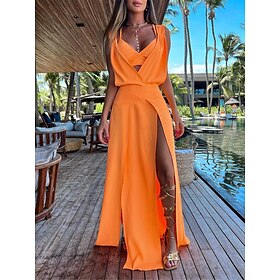 Women's Dress Set Casual Dress Skirt Set Swing Dress Fashion Modern Floral Plain Backless Split Long Dress Maxi Dress Sleeveless V Neck Outdoor Vacation Yellow