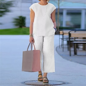 Women's Fashion Streetwear Cotton Linen Sets Two Piece Sets T Shirt Wide Leg Pants Linen Pants Pants Trousers Short Sleeve Crew Neck Solid Color Daily Wear Dat