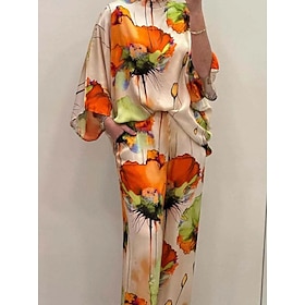 Women's Fashion Streetwear Daily Shirt Blouse Wide Leg Pants Long Sleeve Crew Neck Floral Print Casual Daily Black Orange Green Spring Fall Regular Fit