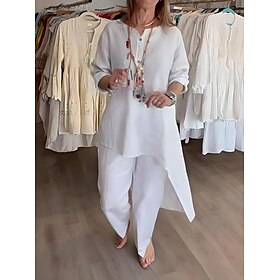 Women's Fashion Streetwear Daily Shirt Cotton Linen Sets Two Piece Sets Wide Leg Pants Long Sleeve V Neck Plain Casual Daily Black White Blue Summer Regular Fi