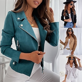 Women's Faux Leather Jacket Comfortable Breathable Zipper Casual Plain Vacation Street Casual Daily Wear Zipper Short Lapel Slim Long Sleeve Outerwear Black Na