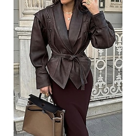 Women's Faux Leather Jacket Warm Comfortable Lace up Pocket Fashion Outdoor Plain Outdoor Street Going out Regular Turndown Regular Fit Long Sleeve Outerwear B