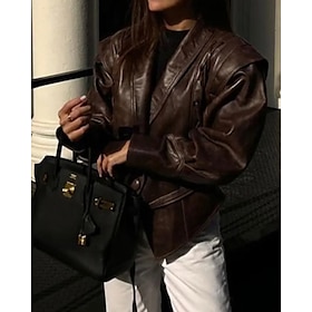 Women's Faux Leather Jacket Warm Comfortable Lace up Pocket Fashion Outdoor Plain Street Casual Daily Regular Turndown Regular Fit Long Sleeve Outerwear Black