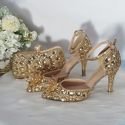Women's Gold Rhinestone High Heel Sandals with Matching Clutch - Luxury Crystal-Embellished Ankle Strap Stilettos for Weddings, Parties Special Occasions