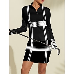 Women's Golf Polo Shirt Black Long Sleeve Sun Protection Top Stripes Fall Winter Ladies Golf Attire Clothes Outfits Wear Apparel