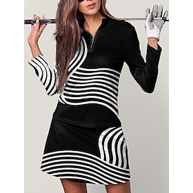 Women's Golf Polo Shirt Black Long Sleeve Top Stripe Ladies Golf Attire Clothes Outfits Wear Apparel