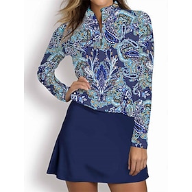 Women's Golf Polo Shirt Lake blue White Pink Long Sleeve Sun Protection Top Paisley Fall Winter Ladies Golf Attire Clothes Outfits Wear Apparel